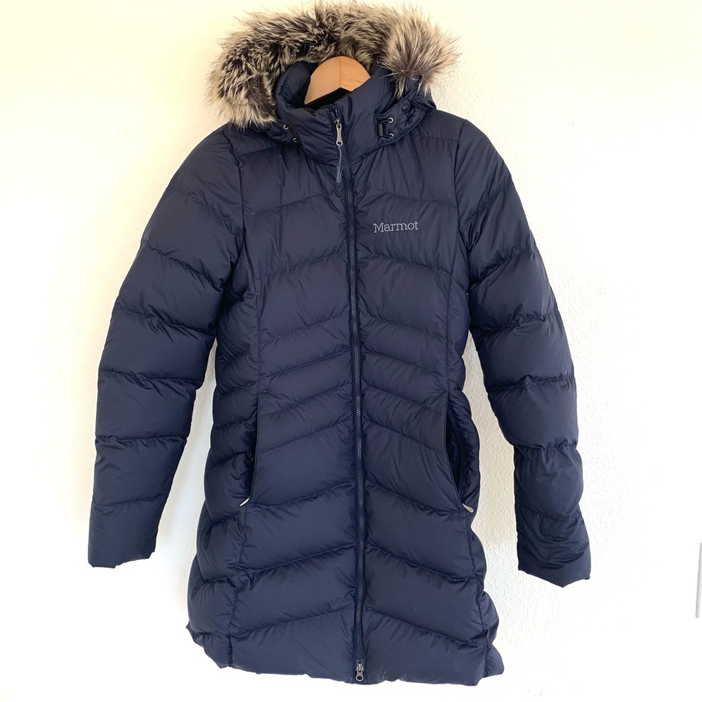 Marmot Women's Montreal Blue Down Puffer Coat Parka with Faux Fur Trim - Picture 14 of 14